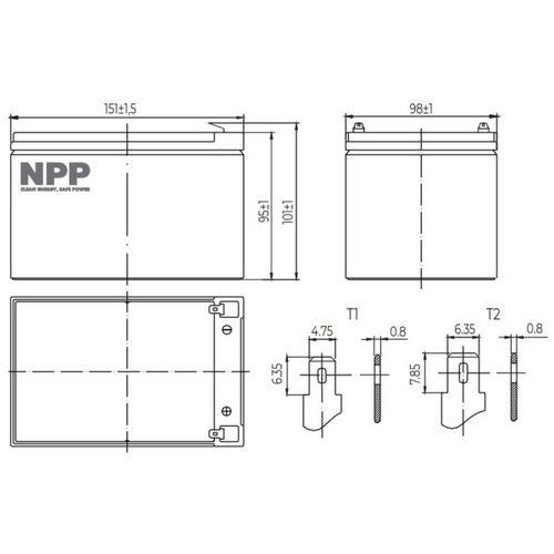 NPP NP12V-12Ah, AGM BATTERY, C20=12AH, T2, 151x98x95x100, 3,3KG, BLACK slika 3