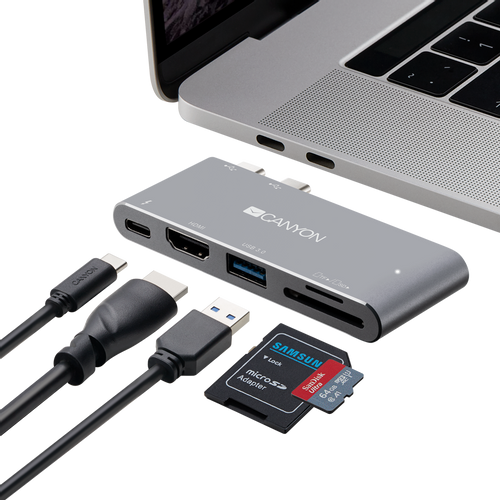 CANYON DS-5 Multiport Docking Station with 5 port, with Thunderbolt 3 Dual type C male port, 1*Thunderbolt 3 female+1*HDMI+1*USB3.0+1*SD+1*TF. Input 100-240V, Output USB-C PD100W&amp;USB-A 5V/1A, Aluminium alloy, Space gray, 90*41*11mm, 0.04kg slika 4