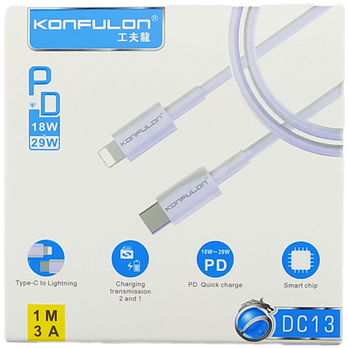 Data kabl KONFULON DC13 PD 3A Type C na iPhone lightning beli 1m slika 1