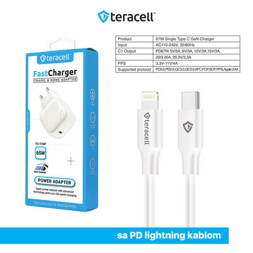 Kucni punjac Teracell Evolution TC-17GP, GaN, PPS, PD 3.0, 67W sa PD iPhone lightning kablom beli CE slika 5