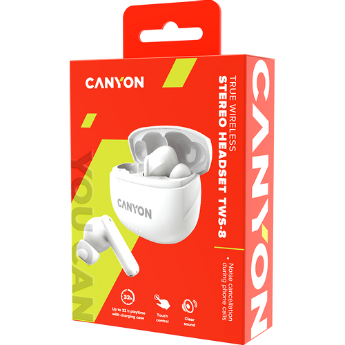 CANYON TWS-8, Bluetooth headset, with microphone, with ENC, BT V5.3 BT V5.3 JL 6976D4, Frequence Response:20Hz-20kHz, battery EarBud 40mAh*2+Charging Case 470mAh, type-C cable length 0.24m, Size: 59*48.8*25.5mm, 0.041kg, white slika 5