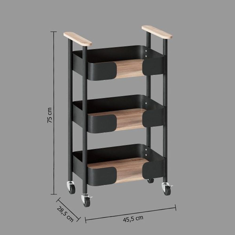 Five kuhinjska kolica s 3 police, dimenzija 45,5 x 28,5 x 75 cm, metalna, crna slika 3