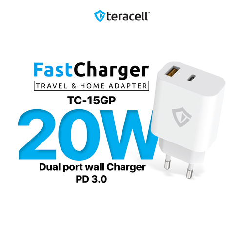 Kucni punjac Teracell Evolution TC-15GP, QC 3.0, PD 3.0, 20W sa PD iPhone lightning kablom beli CE slika 1