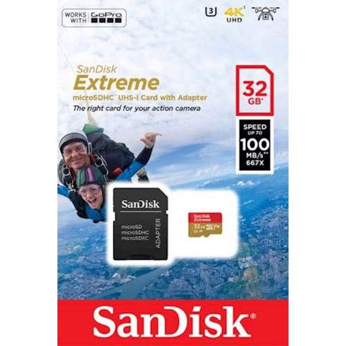 SanDisk Extreme microSDHC 32GB + SD adapter za akcijske sportske kamere - 100MB/s A1 C10 V30 UHS-I U3 slika 2