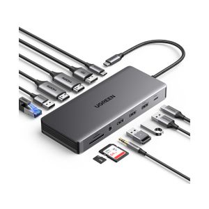 USB HUB UGREEN 13in1, USB-C na DisplayPort 4K@60, 2x HDMI 4K@60, USB-C PD 100W, USB-C, 4x USB-A, RJ45, 3.5mm, čitač kartica SD/TF