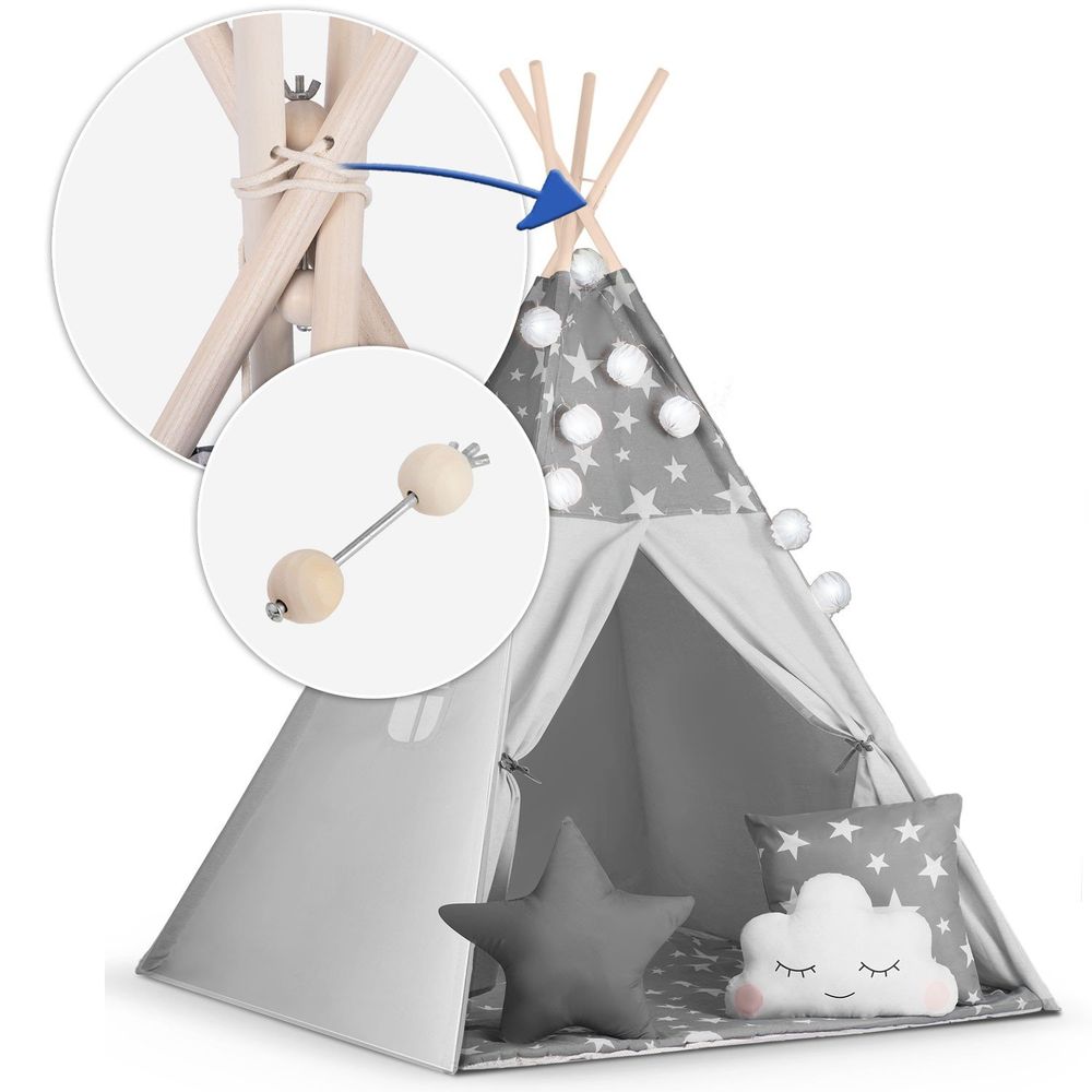 Teepee šator za djecu s girlandom i nukido svjetlima - sivi sa zvjezdicama slika 6