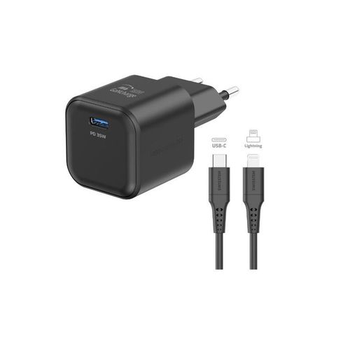 SWISSTEN punjač za AC220, GaN, 35W, 1xUSB-C, 3A, crni + Lightning kabel slika 2