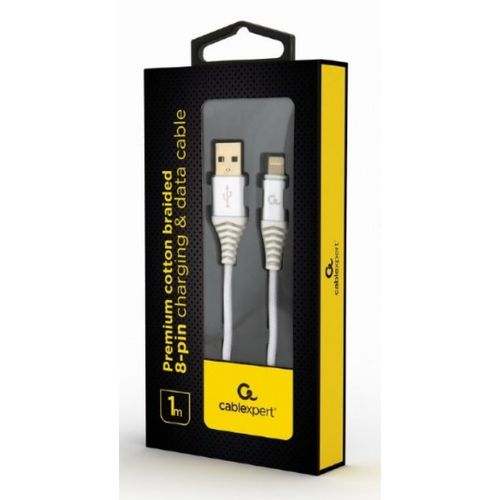 CC-USB2B-AMLM-1M-BW2 Gembird Premium cotton braided 8-pin charging and data cable, 1m, silver/white slika 2