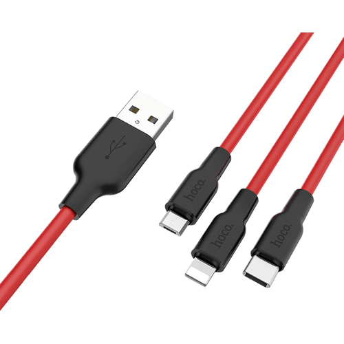 hoco. USB kabl, 3in1, microUSB, type C, Lightning, 1.2 met., 2 A - X21 Silicone 3in1, Black/Red slika 4