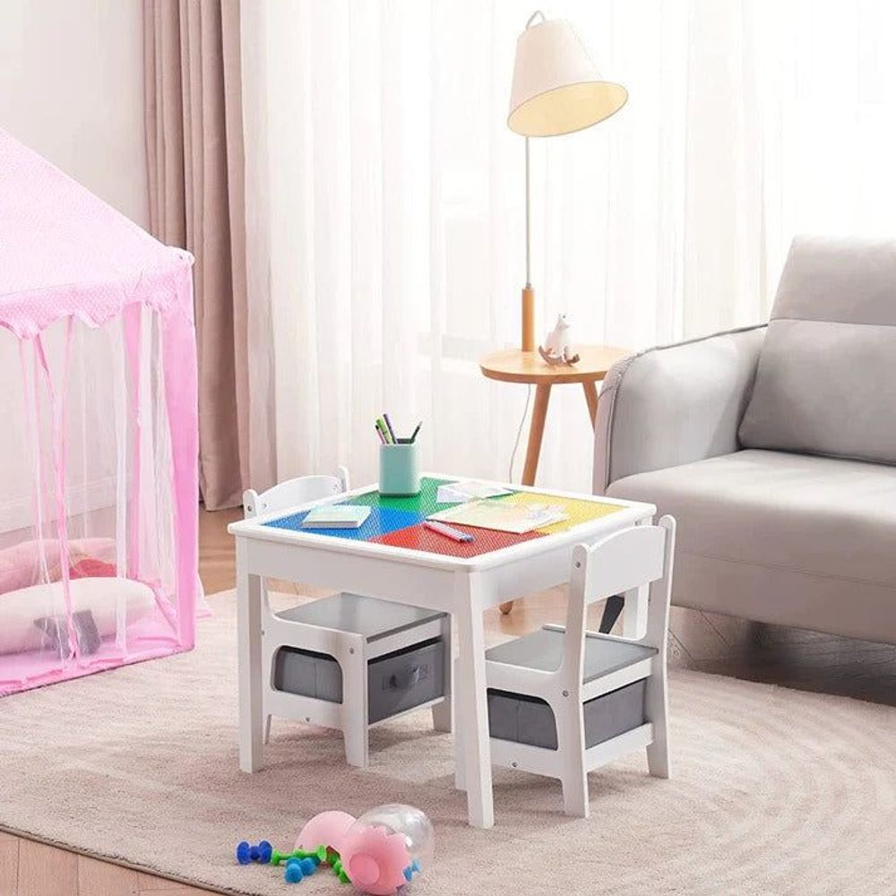 Kinder Home Drveni dvostrani dječiji sto sa dvije stolice, Bijeli/Sivi slika 5