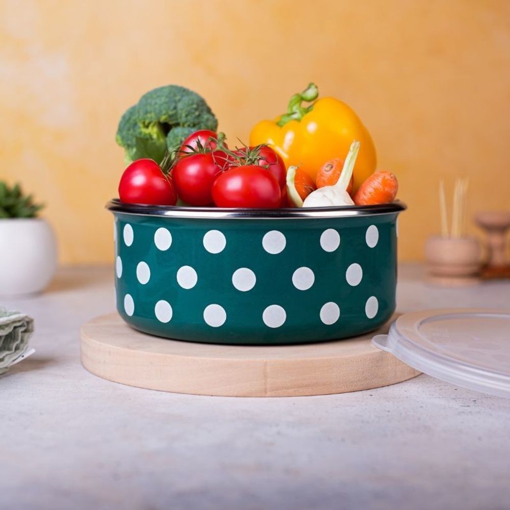 Metalac višenamjenskasa posuda sa PVC poklopcem (prečnik 16 cm) GREEN DOTS - zelena sa bijelim tufnama slika 3