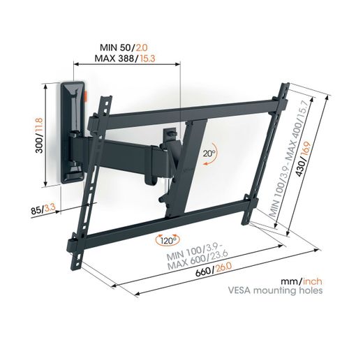 Vogels TVM3623, zidni nosač za ekrane od 40"-77", nagib do 20° pomak 120°, 35kg slika 2