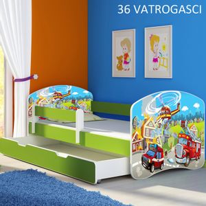 Dječji krevet ACMA s motivom, bočna zelena + ladica 180x80 cm 36-vatrogasci