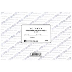 III-1-103/A POTVRDA O PRIVREMENOJ NESPOSOBNOSTI ZA RAD; Blok 3 x 50 listova, 21 x 14,8 cm