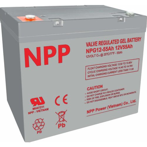 NPP NPG12V-55Ah, GEL BATTERY, C20=55AH, T14, 230*138*208*212, 15KG, Light grey slika 2