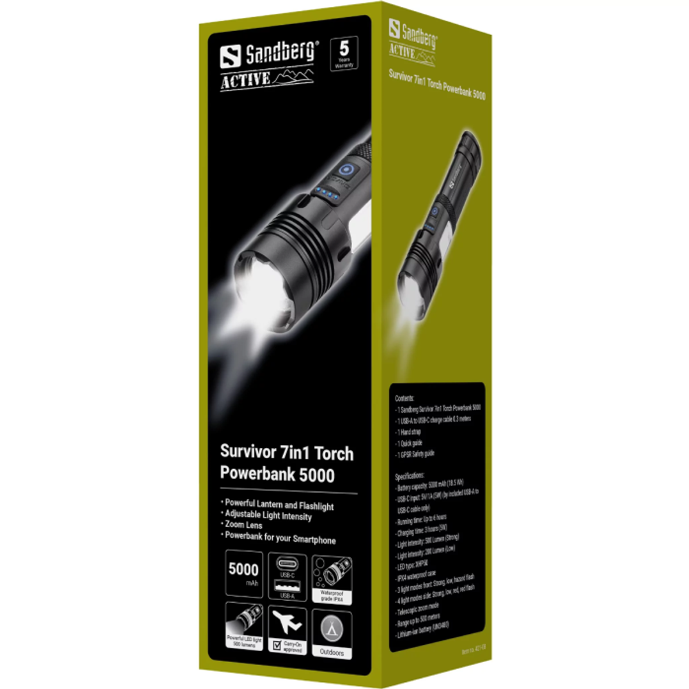Sandberg Survivor 7-v-1 Torch Powerbank 5000 svjetiljka s prijenosnom baterijom slika 6