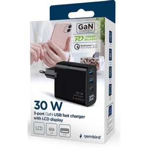 TA-UC-PDQC30LCD-BK-02 Gembird GaN USB brzi punjac, 30W 3-port (2xUSB-A+ USB-C), LCD, black