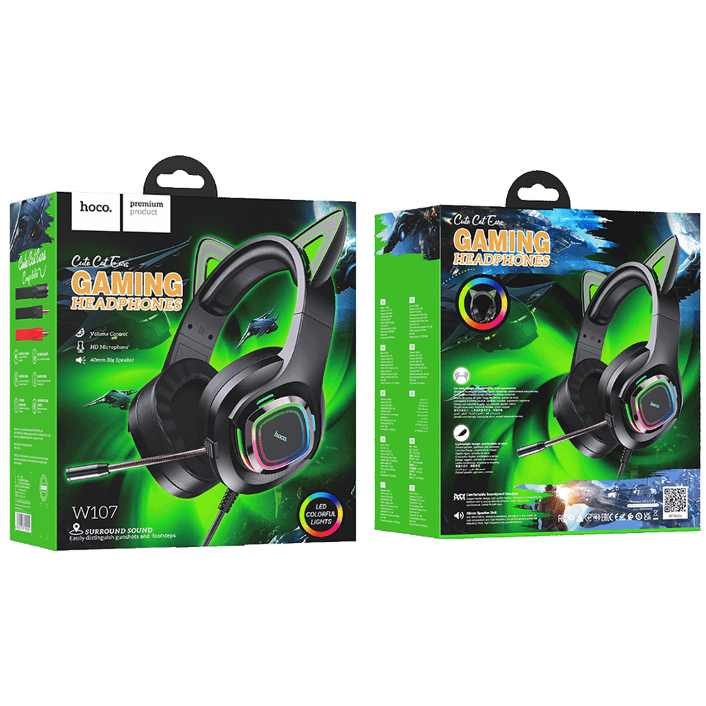 hoco. Slušalice sa mikrofonom, gaming, USB/3.5 mm, LED - W107 Cute Cat Black/Green slika 5