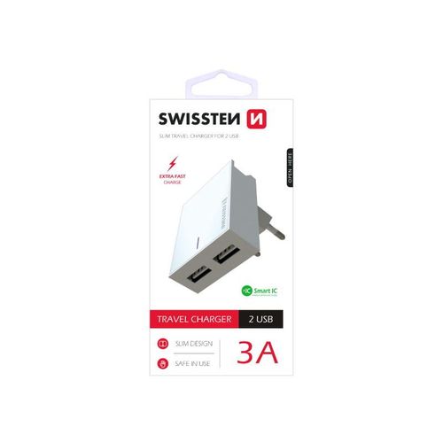 SWISSTEN punjač za AC220, 2xUSB, 3.1A, SMART IC, držač, bijeli slika 1