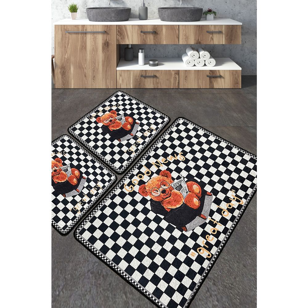 Set kupaonskih prostirki u više boja s novinskim uzorkom (3 komada) slika 1