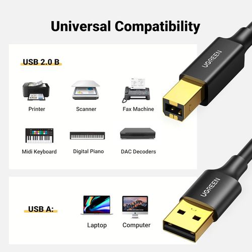 Ugreen printer cable USB 2.0 - USB A to USB B compatible with HP, Canon, Epson, Lexmark, Dell, Brother (3 m) slika 5