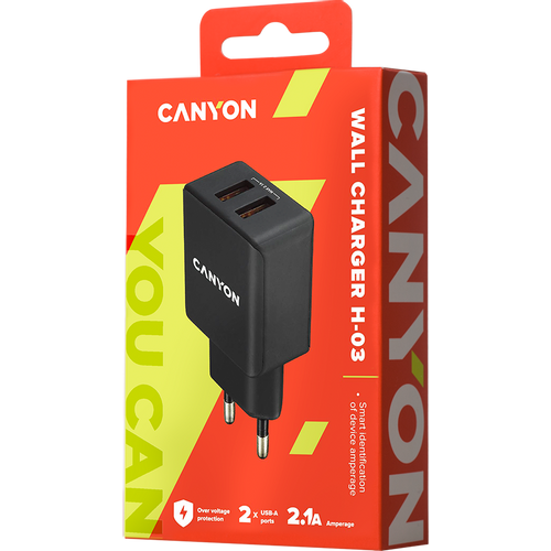 CANYON H-03 Universal 2xUSB AC charger (in wall) with over-voltage protection, Input 100V-240V, Output 5V-2.1A, with Smart IC, black rubber coating with side parts+glossy with other parts, 80*42.5*23.8mm, 0.042kg slika 4