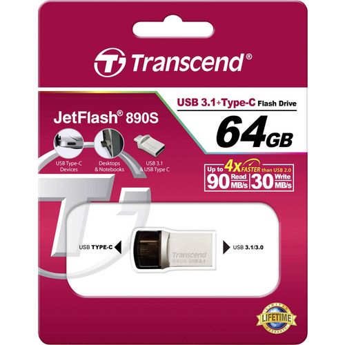 Transcend TS64GJF890S USB 64GB JetFlash 890S, USB3.1, USB Type-C, OTG, 90/30 MB/s, Metalic, Ultra slim, Silver slika 4