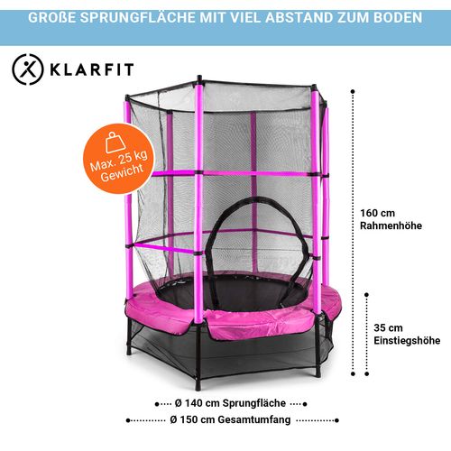 KLARFIT Rocketkid, 140 cm trampolin, unutarnja sigurnosna mreža, bungee opruge, ružičasta slika 16