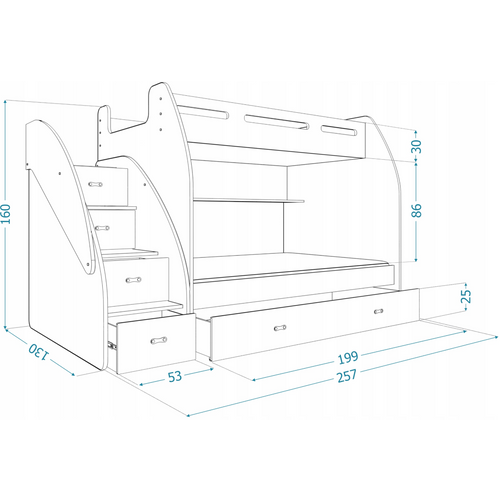 Drveni dječji krevet na kat Zuzia s ladicama 200*120 cm - bijeli slika 3