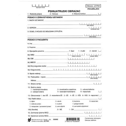 JZ-PSH PSIHIJATRIJSKI OBRAZAC (Obrazac JZ - PSH); List, 14,8 x 21 cm slika 1