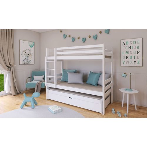 Drveni Dečiji Krevet Na Sprat Lessi Sa Tri Kreveta I Fiokom - Beli - 180*80Cm slika 1