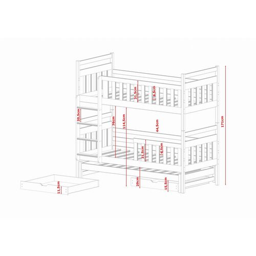 Drveni dječji krevet na sprat Klara sa tri kreveta i ladicom - 190/200x90cm - Bijeli slika 2