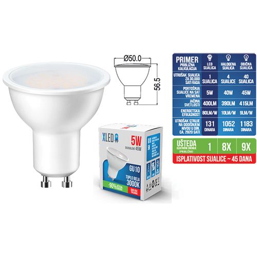 XLED GU10 5W LED Sijalica 3000K,220V,ugao osvetljenja 100s,400Lm  slika 3