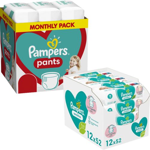 Pampers Pants mesečno pakovanje +Pampers vlažne maramice sensitive 12X52 XXL slika 1