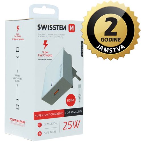 SWISSTEN punjač za AC220, 1xUSB-C, Sup Fast, Samsung, 25W, USB-C kabel , bijeli slika 1