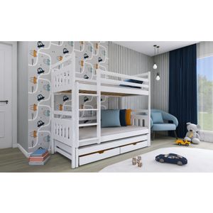 Drveni dječji krevet na kat Seweryn s tri kreveta i ladicom - bijeli - 180*80 cm