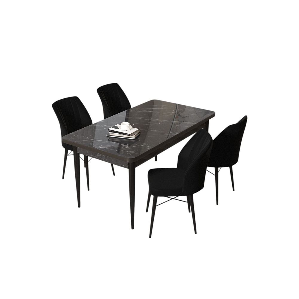 Arp - Crni Mramor, Crni Set Trpezarijskog Stola i Stolica (5 Komada) slika 2