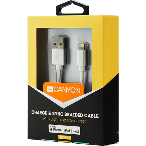 CANYON MFI-3 Charge &amp; Sync MFI braided cable with metalic shell, USB to lightning, certified by Apple, cable length 1m, OD2.8mm, Pearl White slika 4