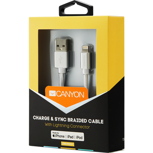 CANYON MFI-3 Charge &amp; Sync MFI braided cable with metalic shell, USB to lightning, certified by Apple, cable length 1m, OD2.8mm, Pearl White slika 4