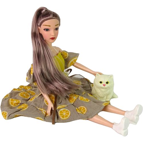 Lutka Emily u haljini s dizajnom naranče + maca slika 5