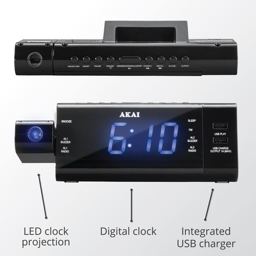 AKAI budilica s projektorom, FM/AM radio, LCD, USB MP3 + USB punjač ACR-3888 slika 9