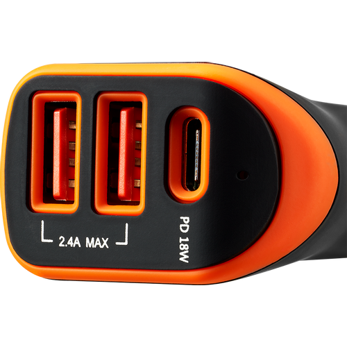 CANYON Universal 3xUSB car adapter, Input 12V-24V, Output DC USB-A 5V/2.4A(Max) + Type-C PD 18W, with Smart IC, Black+Orange with rubber coating, 71*39*26.2mm, 0.028kg slika 2