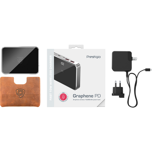 Prestigio Graphene PD, fast charging powerbank, capacity 10000 mAh, 2*USB3.0 quick charge, 1*Type-C PD, wireless charging interface 10W, LED battery indicator, leather case, cable type C-USB, 60W adapter in the box, aluminium and tempered glass, black+space grey color. slika 7