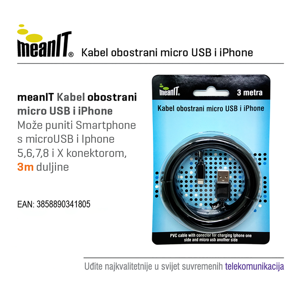 MeanIT USB kabl sa micro USB i iPhone priključkom, 3 met - KABEL MICROUSB / iPHONE slika 2