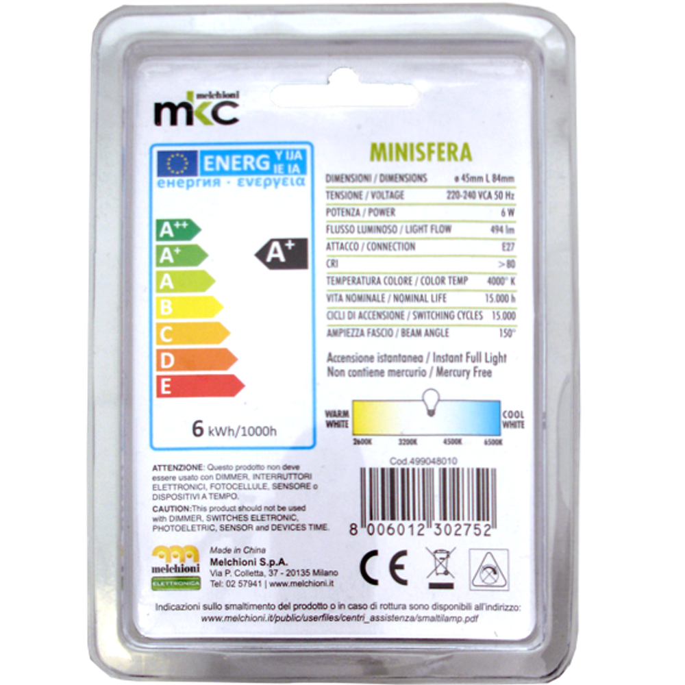 MKC Sijalica,LED 6W, E27, 4000K,220V AC,prirodno bijela svjetlos - LED MINISFERA E27/6W-N slika 3
