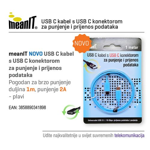 MeanIT USB kabl za smartphone, USB C / USB C, 1 met - KMUSBC2 slika 2