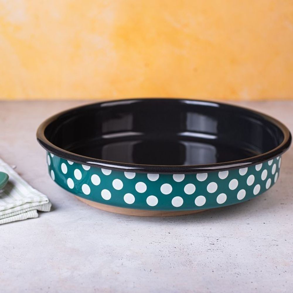 Metalac tepsija klasična (prečnik 28 cm) GREEN DOTS zelena sa bijelim tufnama slika 2