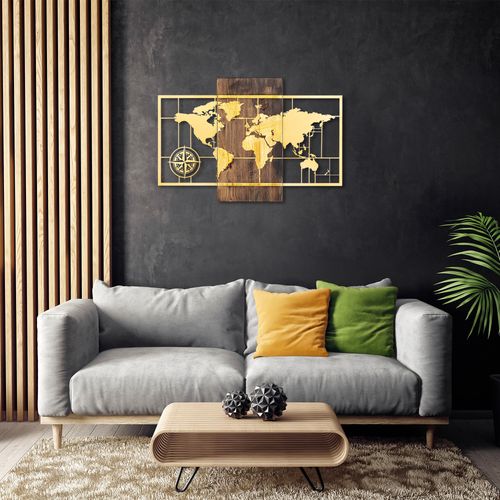 Wallity Drvena zidna dekoracija, World Map Wıth Compass - Gold slika 2