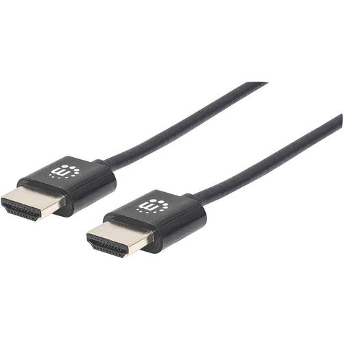 Manhattan HDMI priključni kabel HDMI A utikač, HDMI A utikač 1.00 m crna 394352 zaštićen s folijom, pletena zaštita, high speed HDMI sa eternetom, okrugli, UL certificiran, Ultra HD (4K) HDMI s eternetom, visokofleksibilan, pozlaćeni kontakti HDMI kabel slika 1