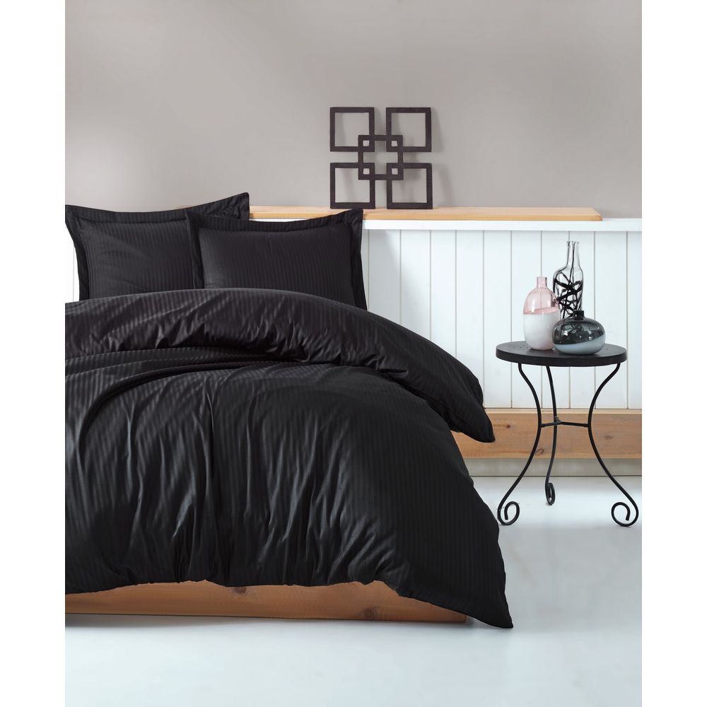 Stripe - Crno Crni Premium Satenski Set Pokrivača za Duvet slika 1